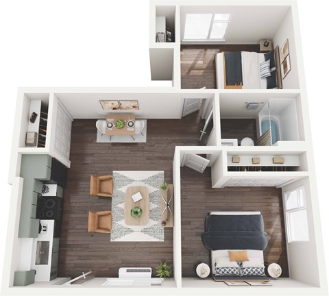 A top-down view of a modern apartment with a kitchen, living room, and bedroom.